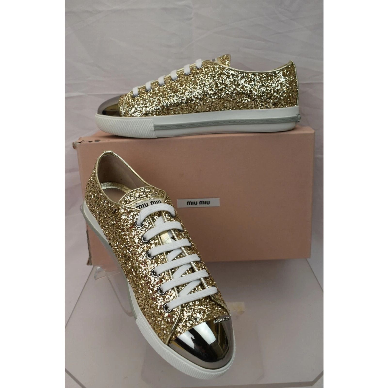 Miu Miu MIU MIU PRADA 5E8998 GOLD GLITTER METAL LOGO SNEAKERS 40.5 Size US 10.5 / IT 40.5 - 1 Thumbnail