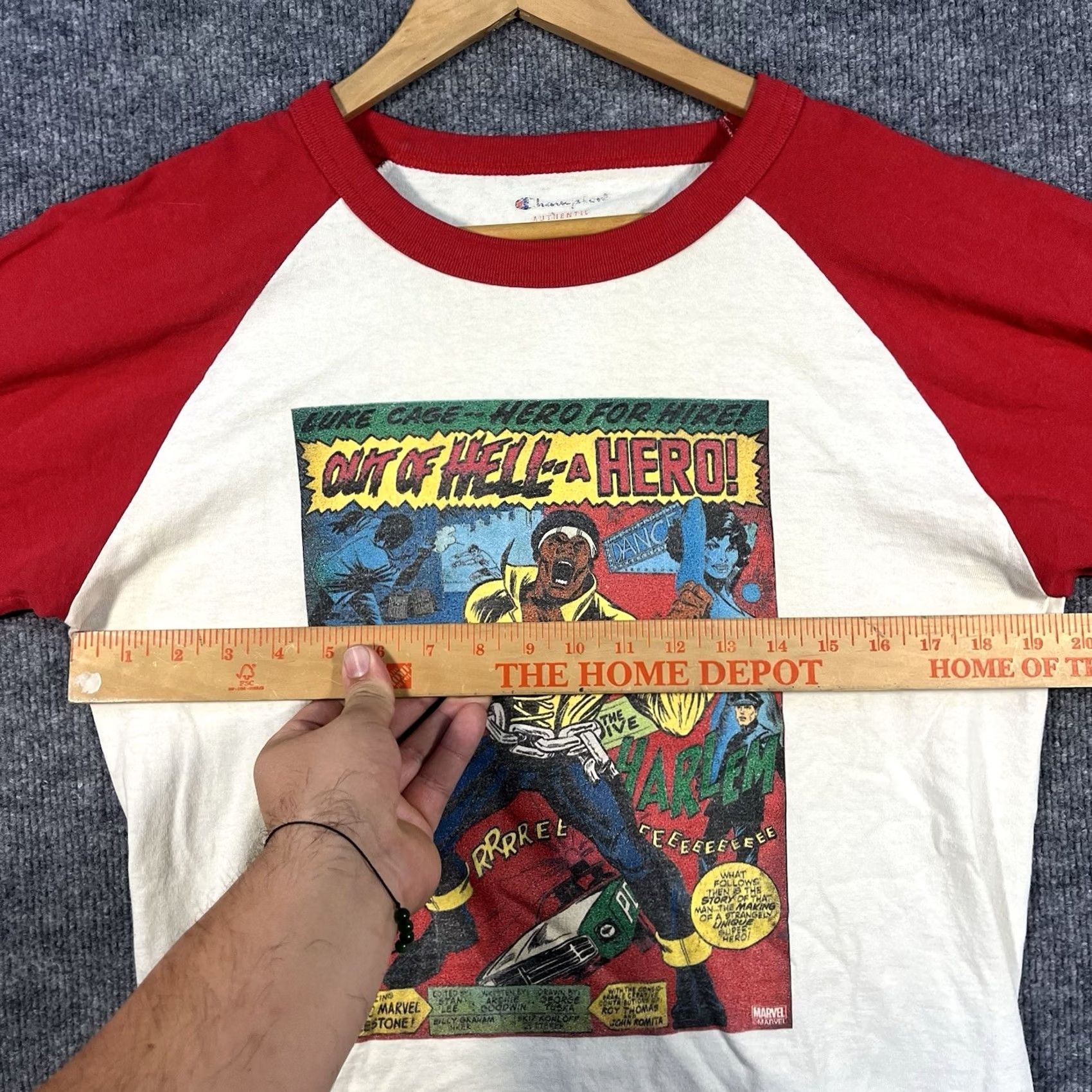 Vintage Marvel Luke Cage Hero For Hire Vintage Comic T-Shirt Mens M Raglan Red Crew Neck Graphic Tee Short Sleeve Soldier Army Hero Size US M / EU 48-50 / 2 - 5 Thumbnail