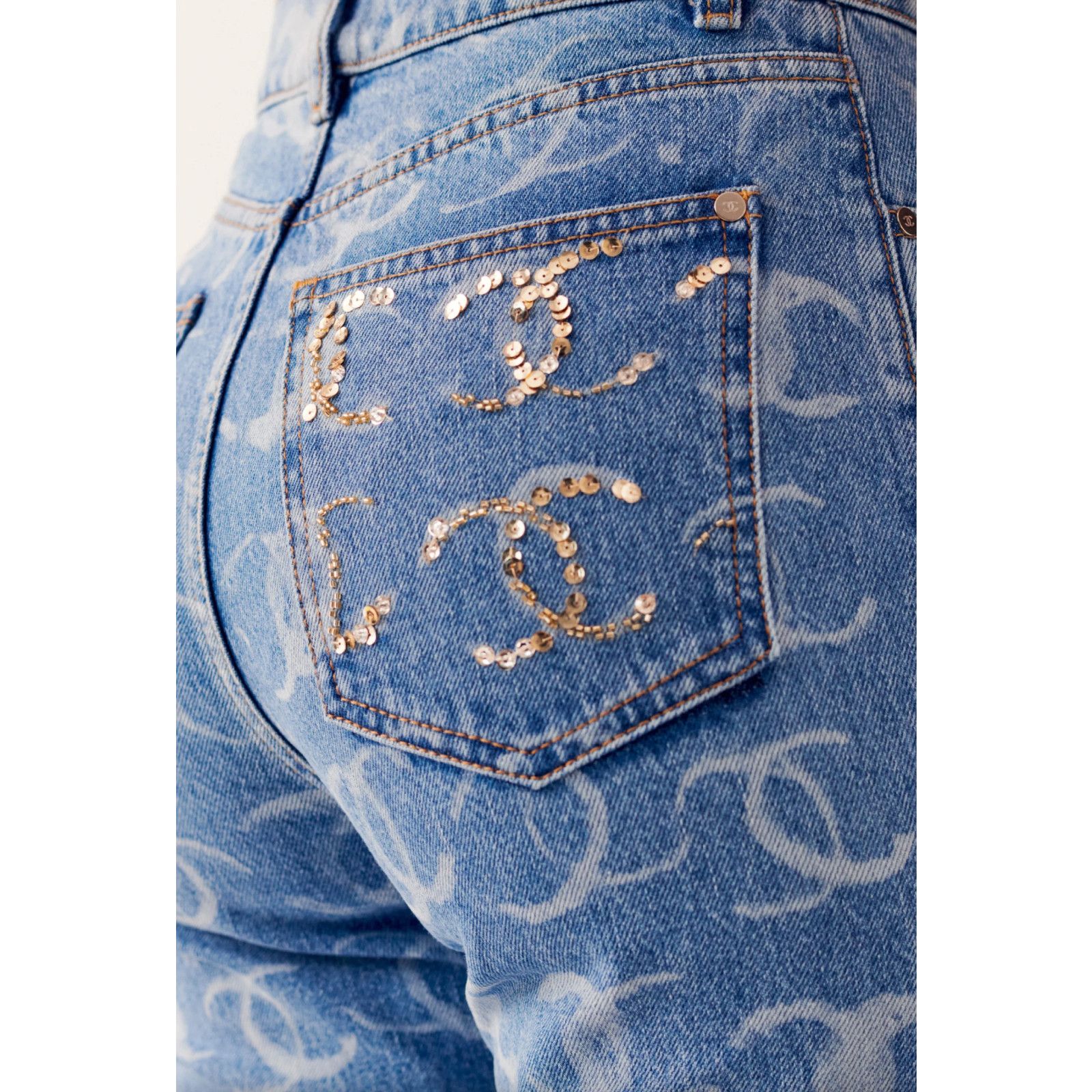Chanel Chanel Denim White CC Printed Logo Sequin Skinny Jeans 42 Size 28" / US 6 / IT 42 - 9 Thumbnail