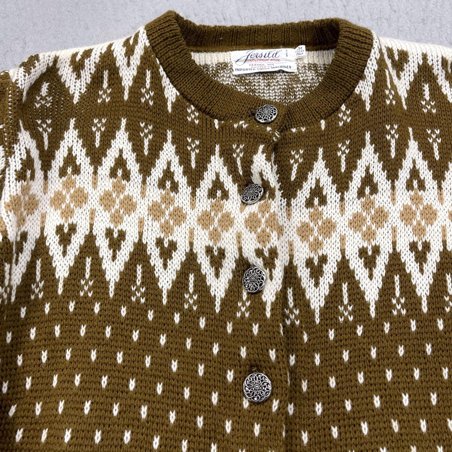 Vintage VINTAGE Jersild Cardigan Womens M Brown 100% Wool Fair Isle Crew Neck Button-Front Knit Size M / US 6-8 / IT 42-44 - 3 Thumbnail