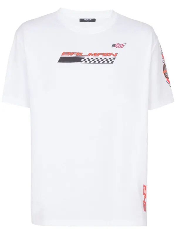 Balmain o1s1wg110925 Racing Cotton T-Shirt in White Size US XL / EU 56 / 4 - 1 Thumbnail