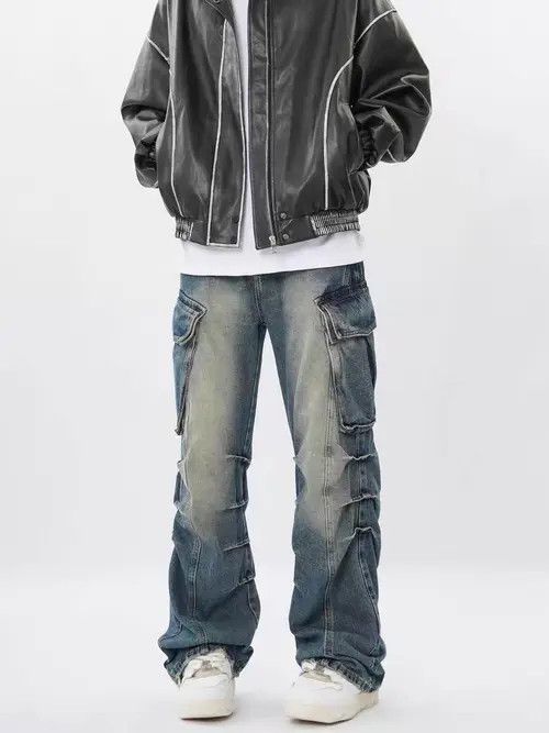 VIBE Retro washed distressed multi-pocket pleated work jeans Size US 32 / EU 48 - 5 Thumbnail