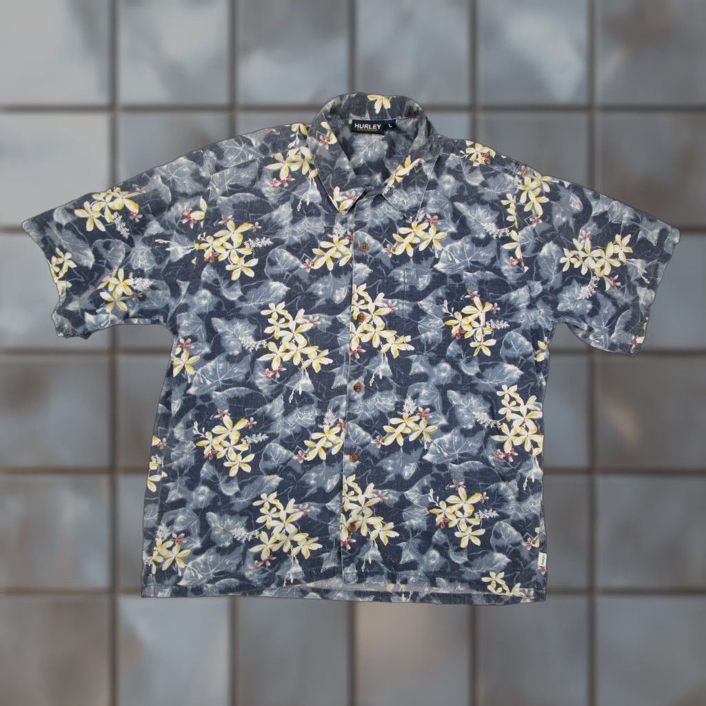 VINTAGE Hurley Uluwatu Shirt Mens Large Blue Floral Hawaiian Button Up Made USA