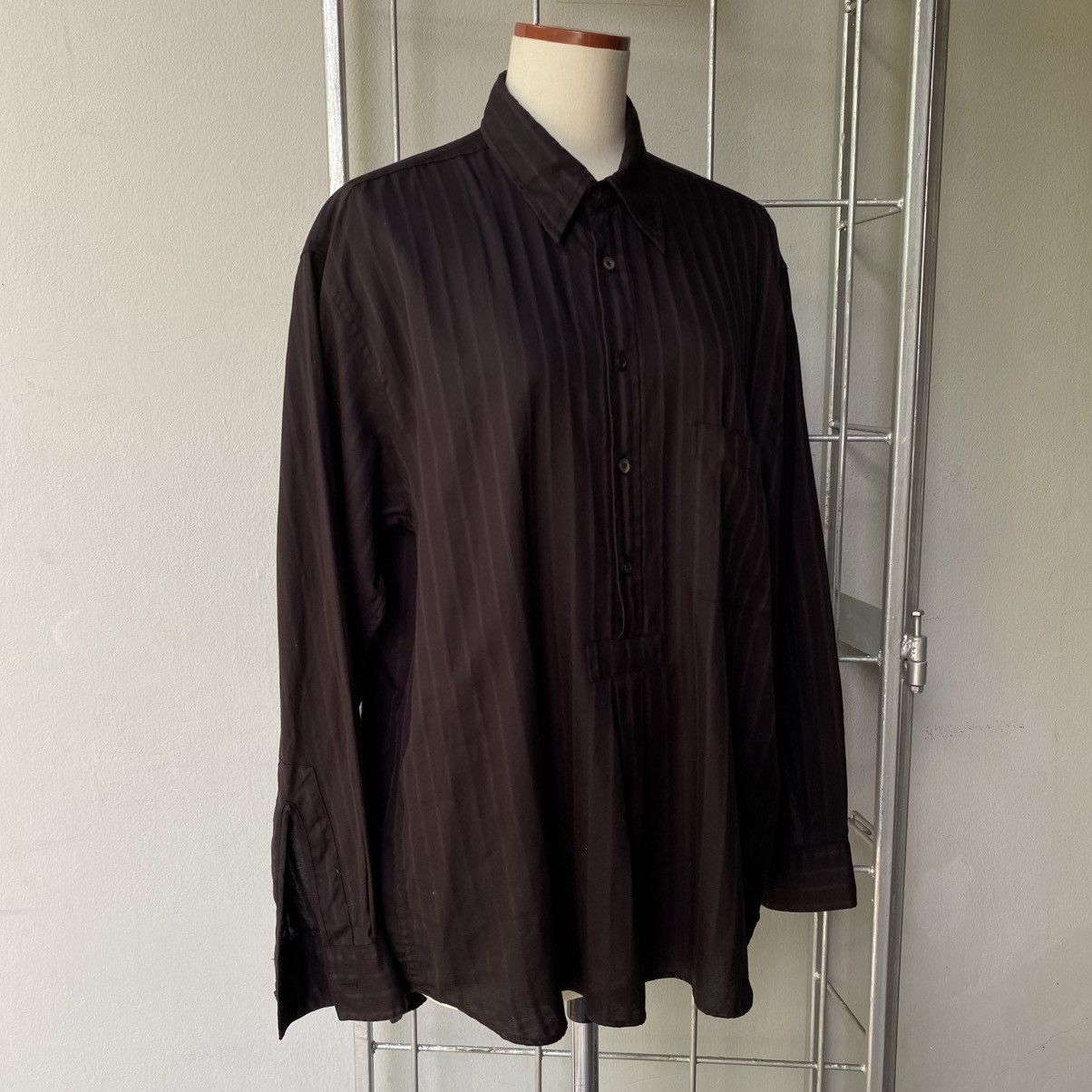 Paul Smith Paul Smith Dark Brown Half-Placket Pinstripe Shirt Size L / US 10 / IT 46 - 13 Thumbnail