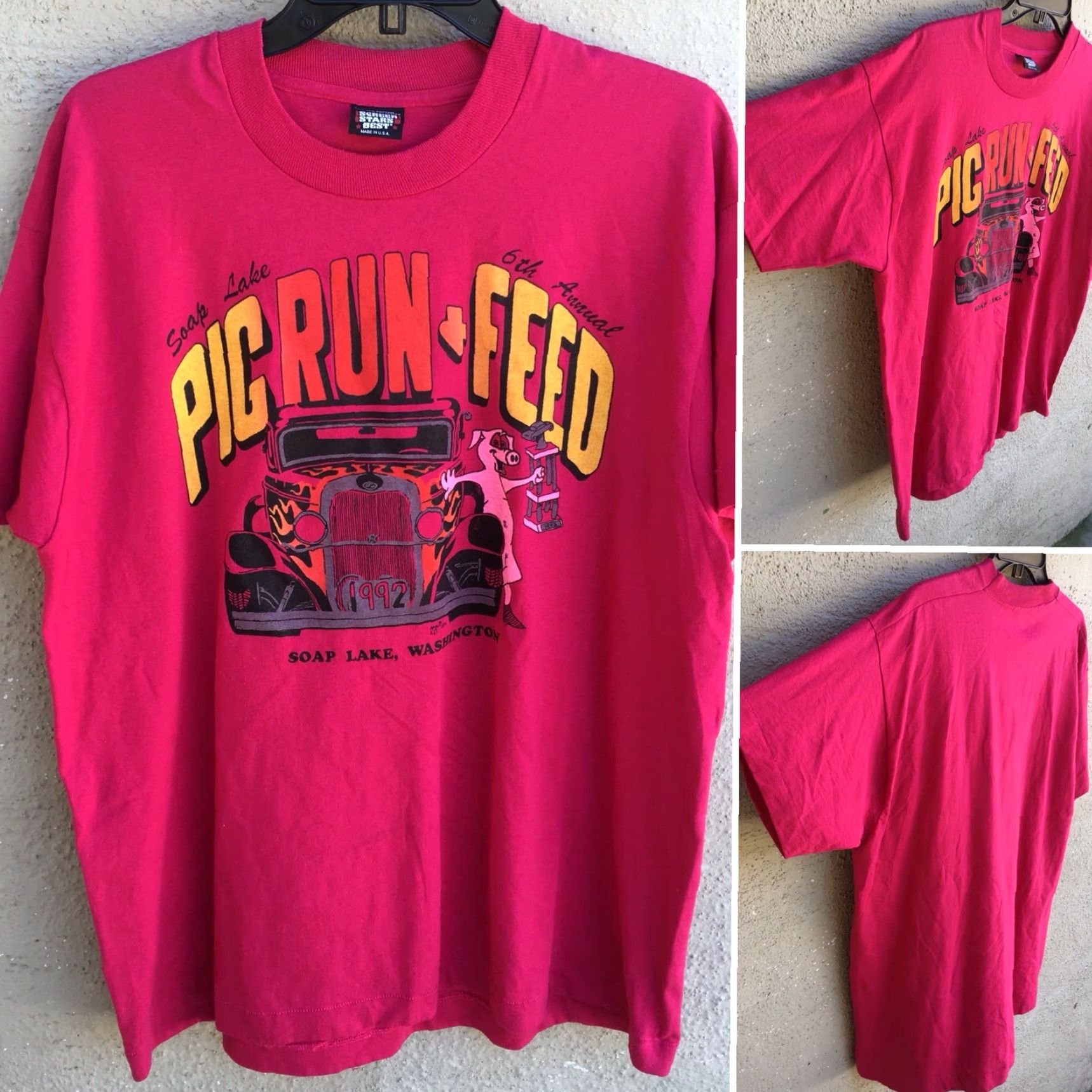 Vintage VINTAGE Screen Stars Best T Shirt XL Pink 1992 Soap Lake Pig Run & Feed Washington Unisex 1990s Graphic Tee Size US XL / EU 56 / 4 - 2 Thumbnail
