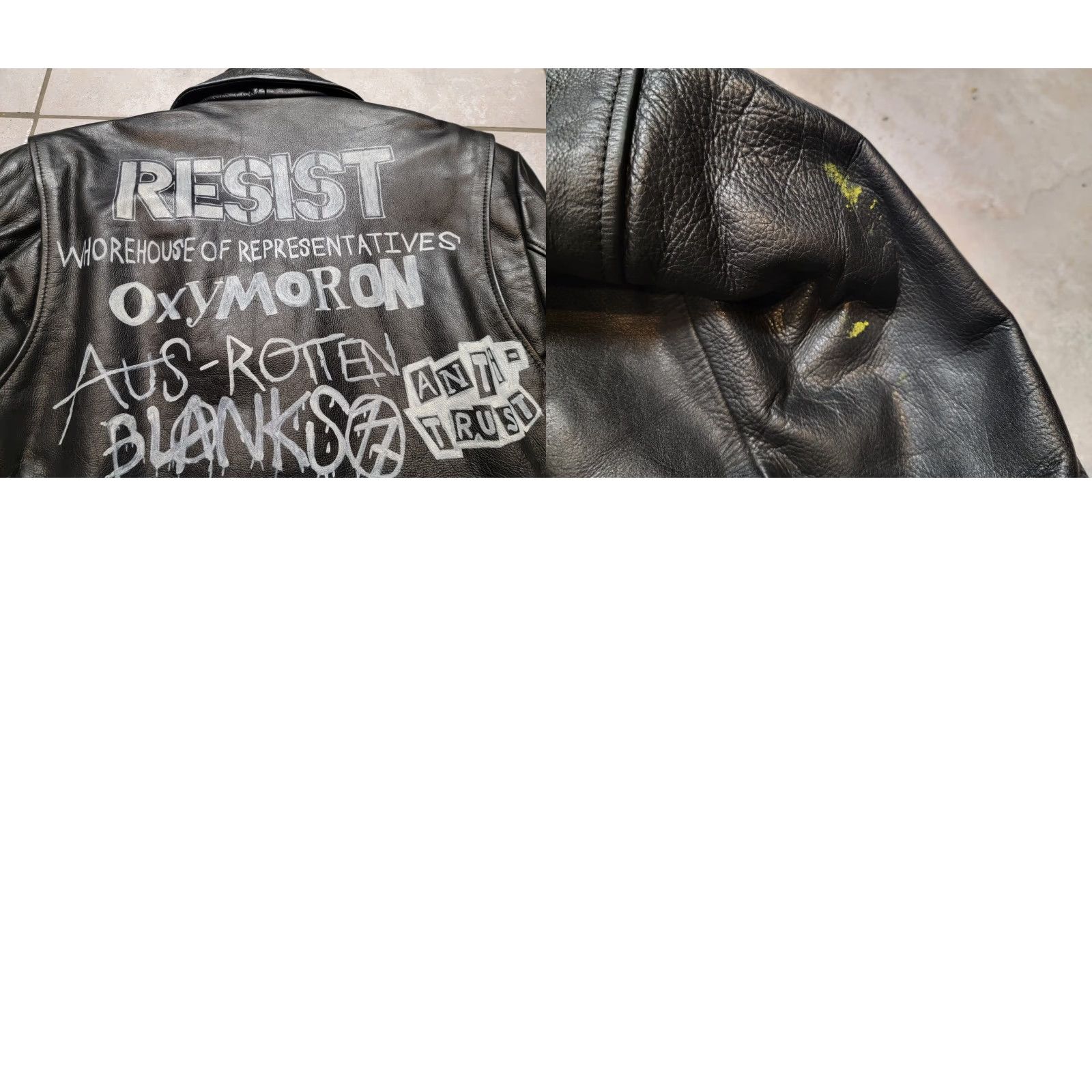 Wilson VINTAGE WILSON PUNK METAL TRASH PAINT MOTORCYCLE LEATHER JACKET XLARGE Jacket Mens Leather Black 90s Size US XL / EU 56 / 4 - 9 Thumbnail