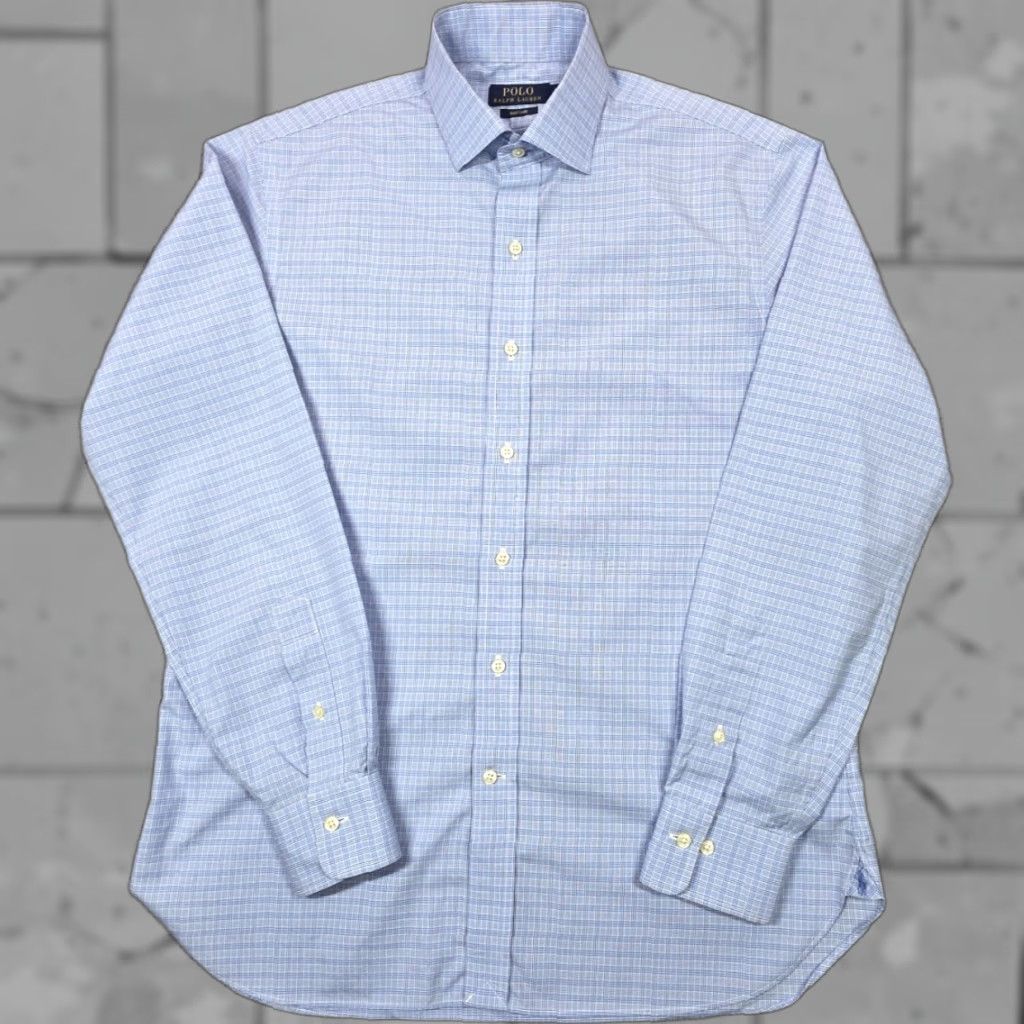 Polo Ralph Lauren Ralph Lauren Polo Dress Shirt Button Up Long Sleeve Houndstooth Plaid 15.5-34/35 Blue 100% Cotton Regular Men Shirt Mens Size 42R - 1 Thumbnail