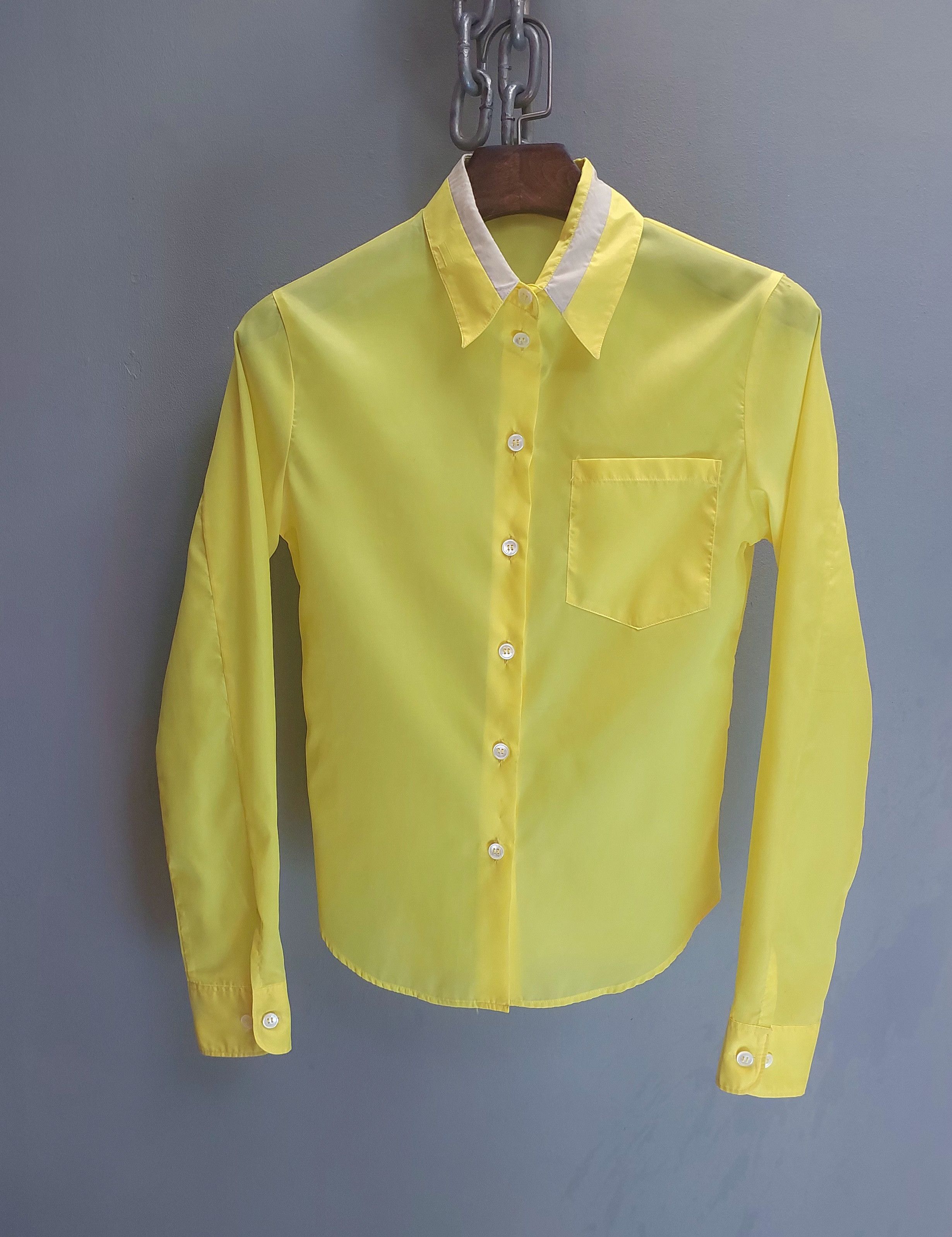 Helmut Lang Vintage Bright Yellow Sheer Shirt with Contrast Collar Size XS / US 0-2 / IT 36-38 - 1 Thumbnail