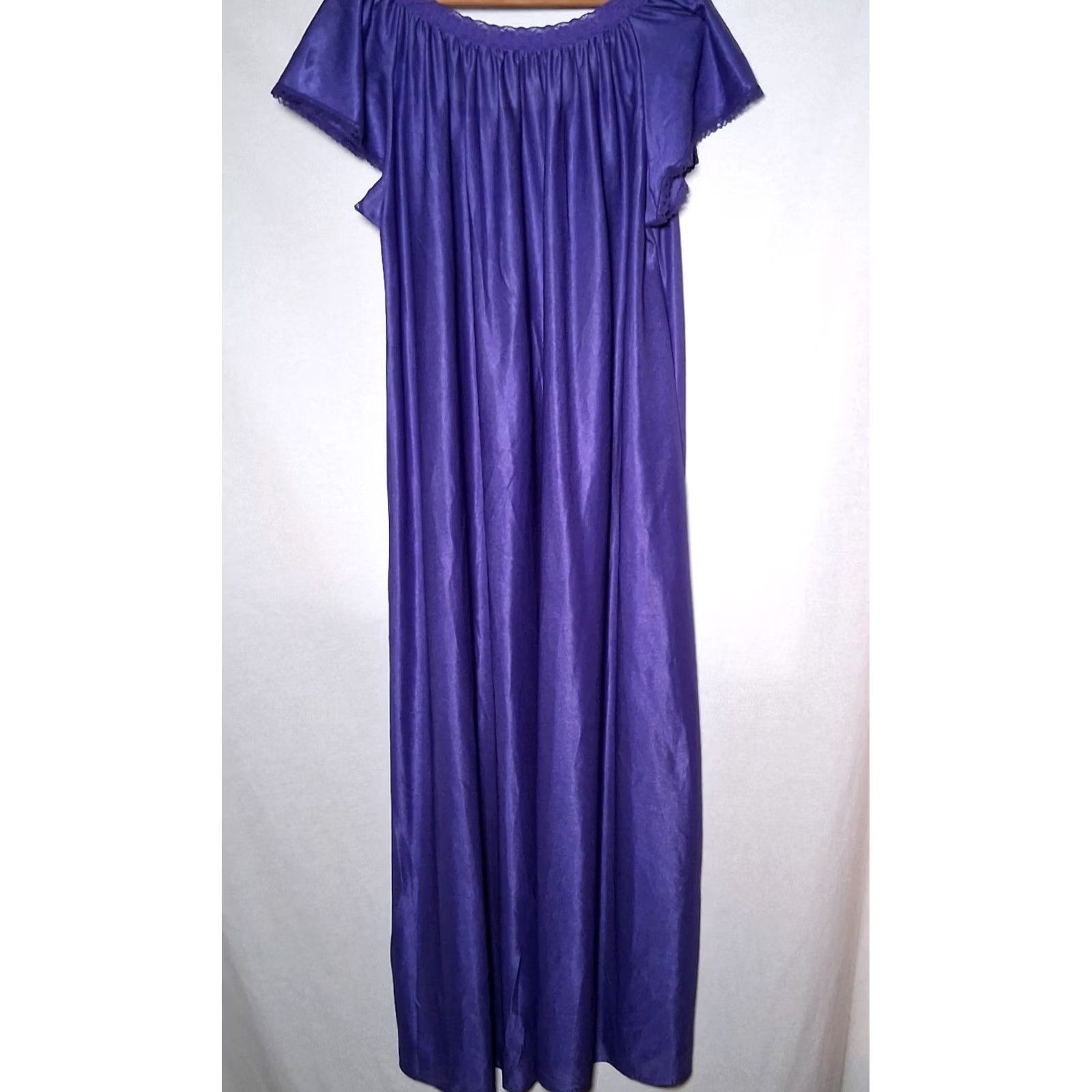 Vintage VINTAGE Smart Fit Purple Nightgown Maxi Nylon Lace Flutter USA Plus Size 26 W Womens Size ONE SIZE - 2 Thumbnail