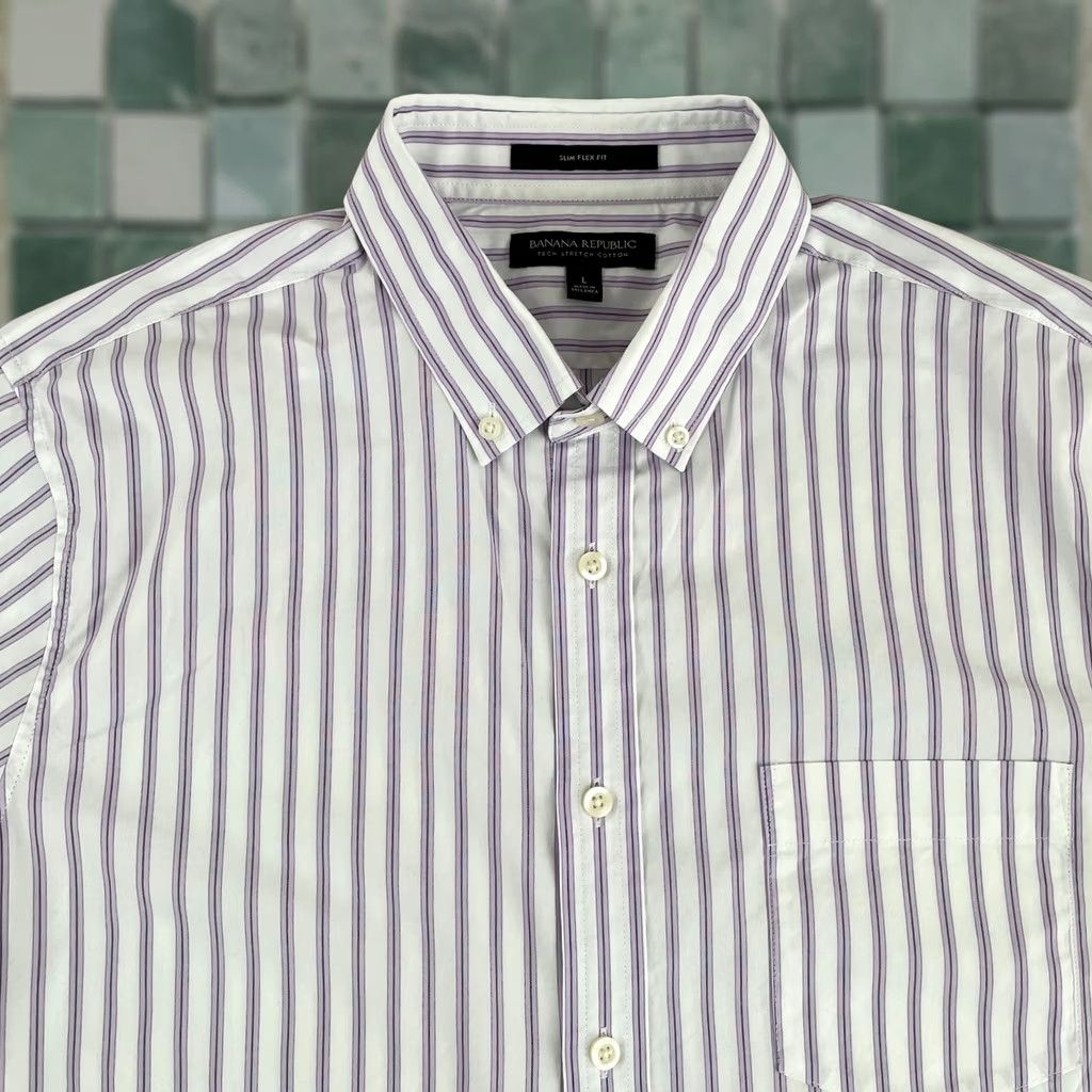 Banana Republic Banana Republic Tech Shirt Men Large White Purple Stripe Slim Fit Preppy NWOT Size US L / EU 52-54 / 3 - 1 Thumbnail