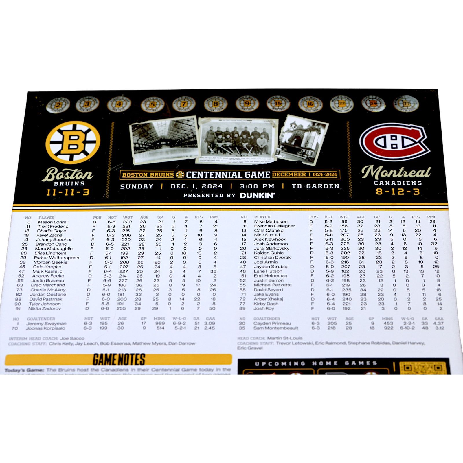 NHL Boston Bruins v Montreal Canadiens 12/1/24 Centennial Poster Size ONE SIZE - 8 Thumbnail