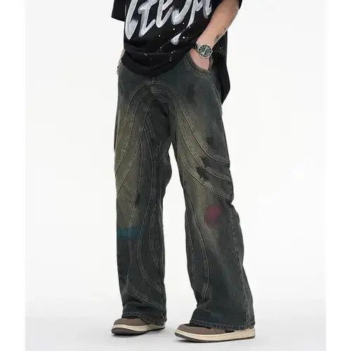 Jean Y2K Painted Circle Striped Baggy Jeans Size US 35 - 1 Thumbnail