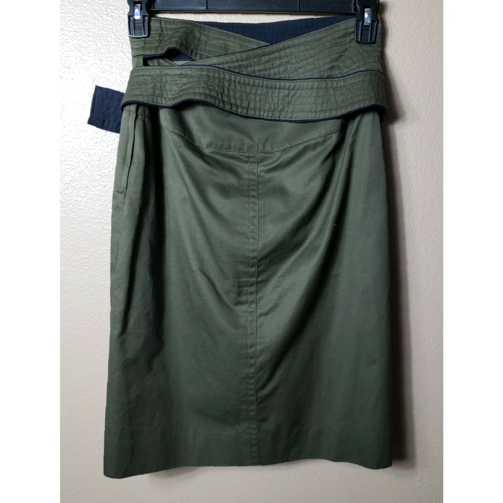 Escada VINTAGE ESCADA Wrap A Round Belt Pencil Skirt-Size 10/38 Women Knee Length Green Zip Buckle 100% Cotton Regular Women's Size ONE SIZE - 5 Thumbnail