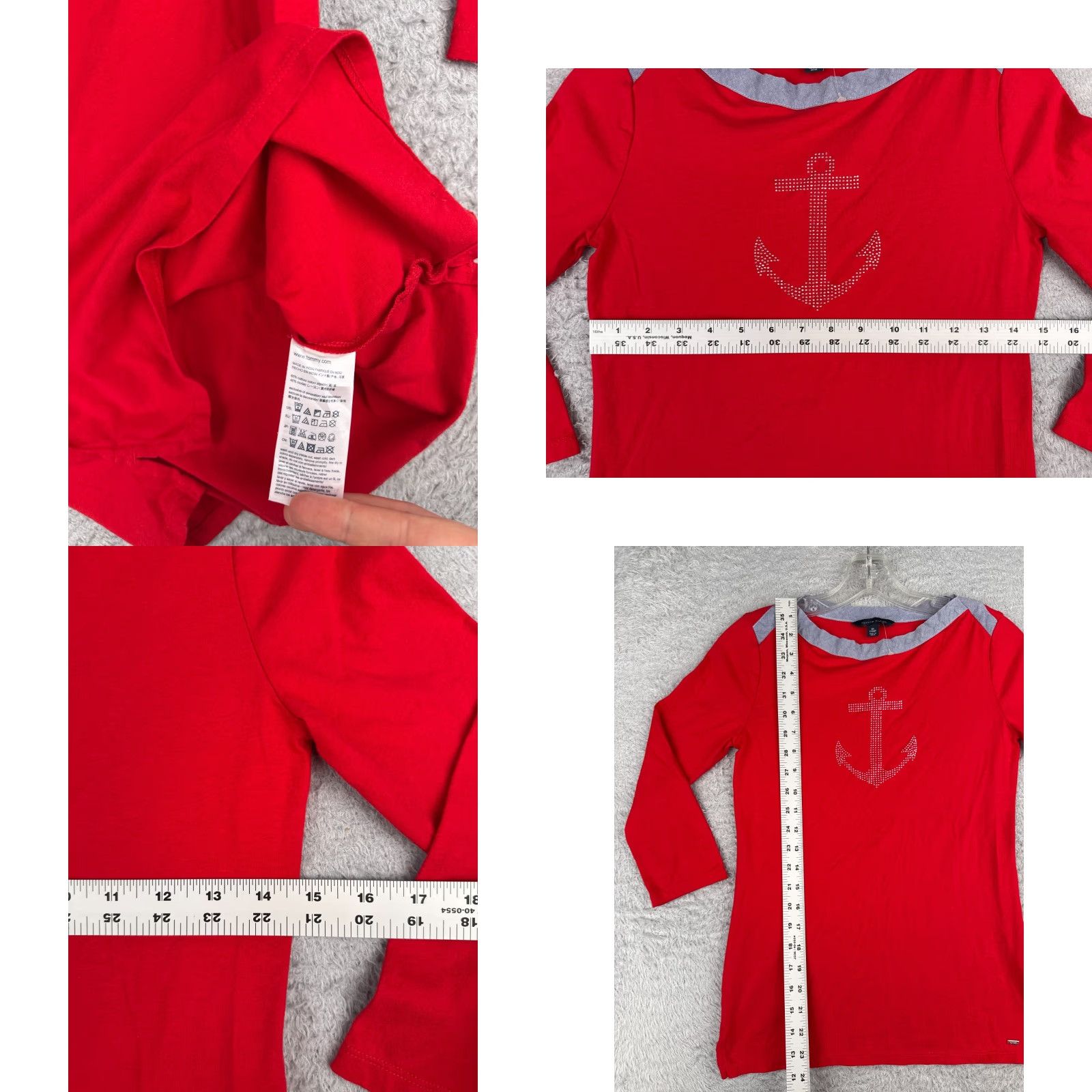 Tommy Hilfiger TOMMY HILFIGER Shirt Women XS Red Striped 3/4 Sleeve Boat Neck Cotton Casual Rhinestone Size XS / US 0-2 / IT 36-38 - 8 Thumbnail
