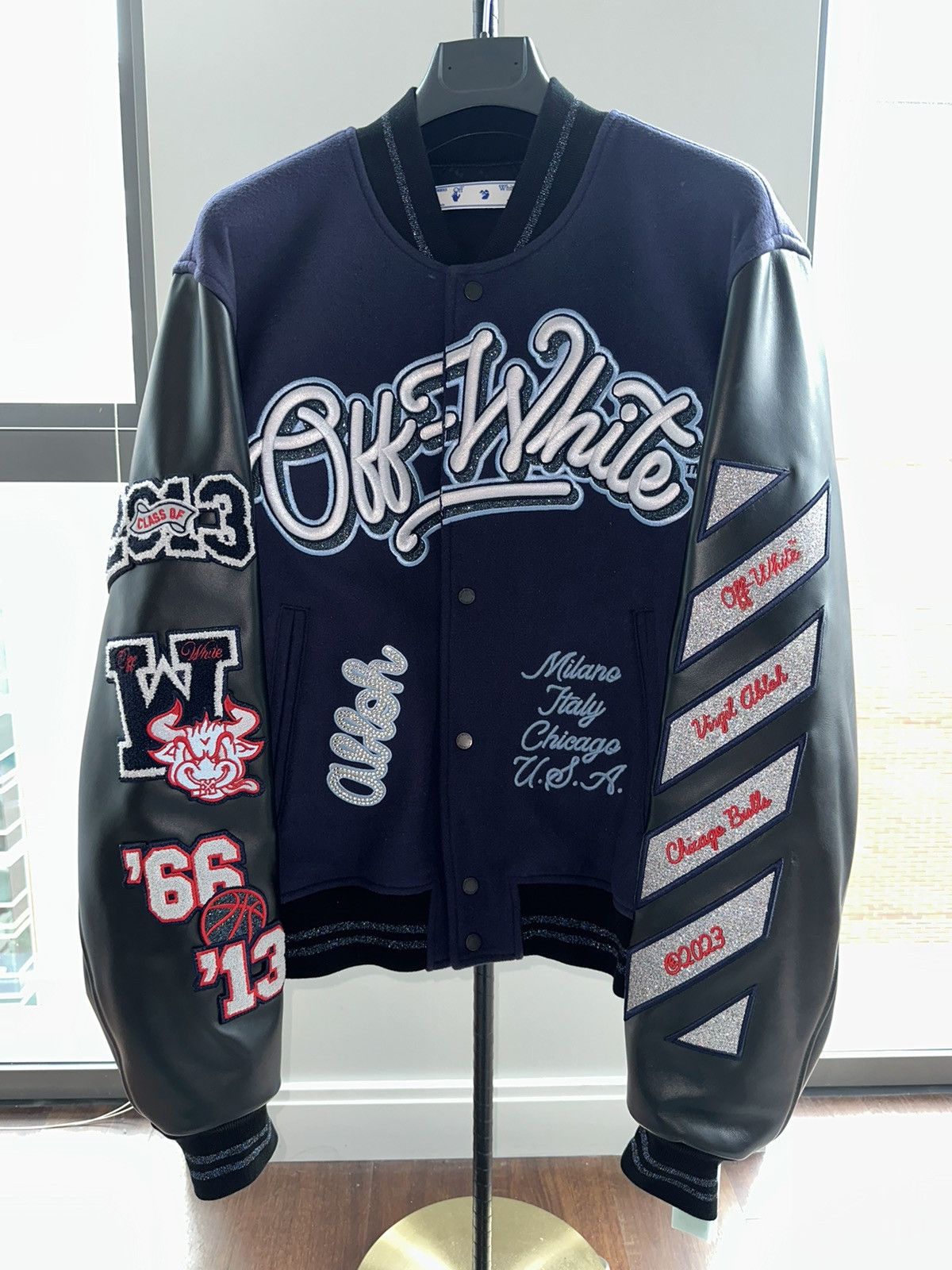 Off White x Chicago Bulls Varsity Leather Jacket