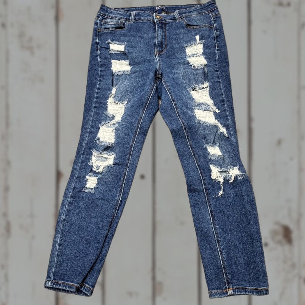 Vintage Wax Jeans Butt I Love You Women's Size 16 Medium Wash Distressed Whiskered Jeans Size 38" / US 16 / IT 52 - 1 Thumbnail