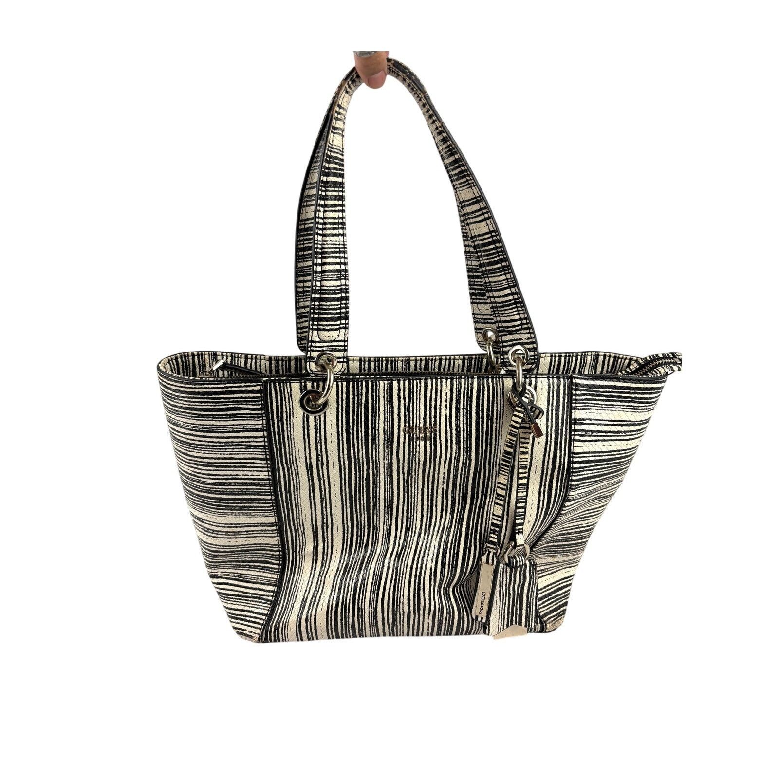Guess Guess Kamryn Stripe Python Tote Black White Shoulder Handbag Size ONE SIZE - 1 Thumbnail