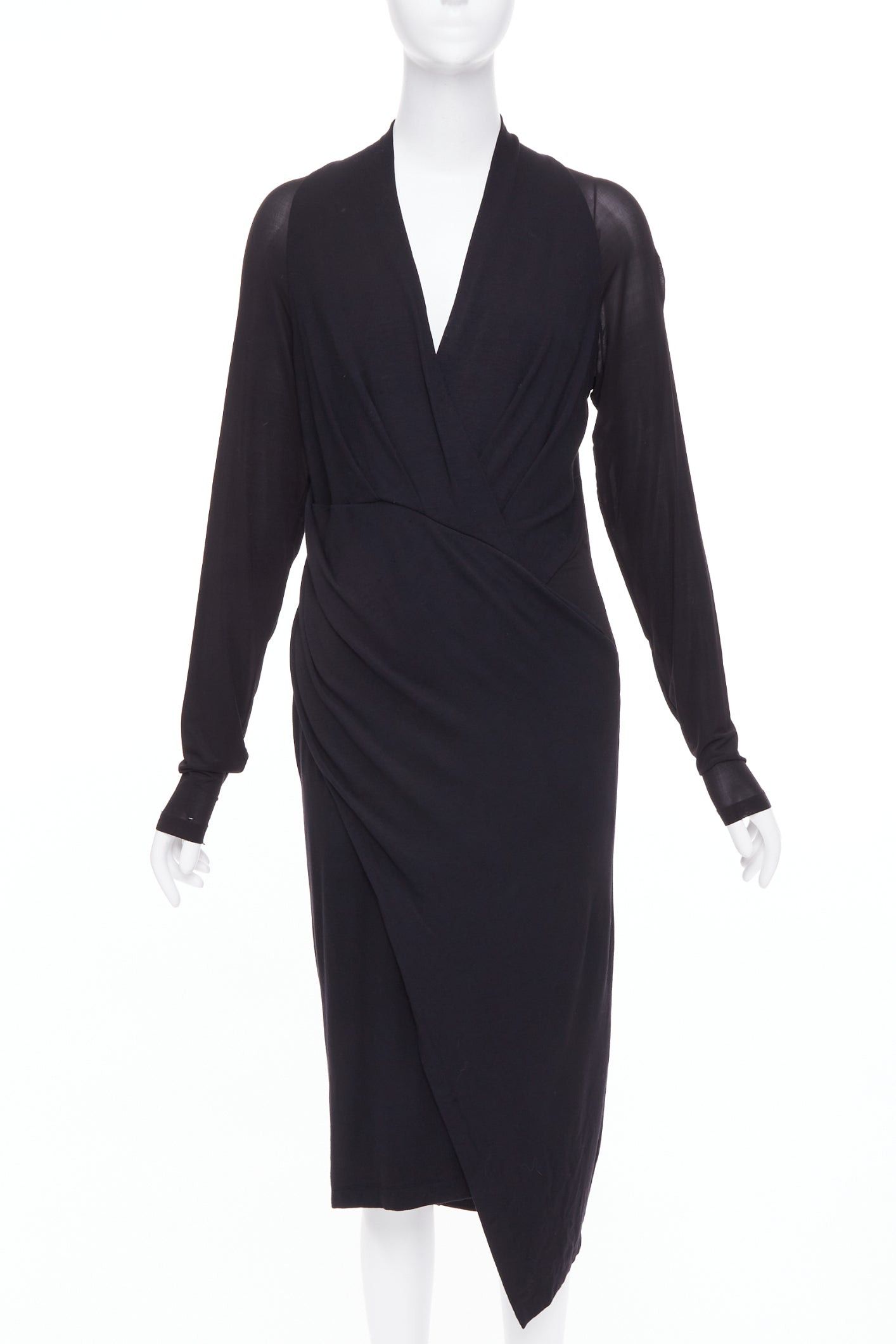 Donna Karan DONNA KARAN black jersey sheer mesh raglan drape plunge high  low dress L | Grailed