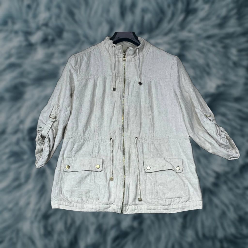Vintage Marc New York Linen Blend Jacket Drawstring Women Beige XL Mid-Length Long Sleeve Zip Pocket 80s 90s Bohemian Classic Linen blazer Size XL / US 12-14 / IT 48-50 - 1 Thumbnail