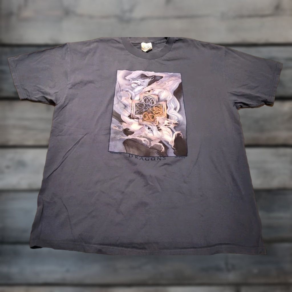 Vintage VINTAGE Port and Company Dragon Celtic Graphic Tee Shirt XL Gray Unisex Adults 100% Cotton 90s Art Jody Bergsma Short Sleeve Crew Neck Shirt Size US XL / EU 56 / 4 - 1 Thumbnail