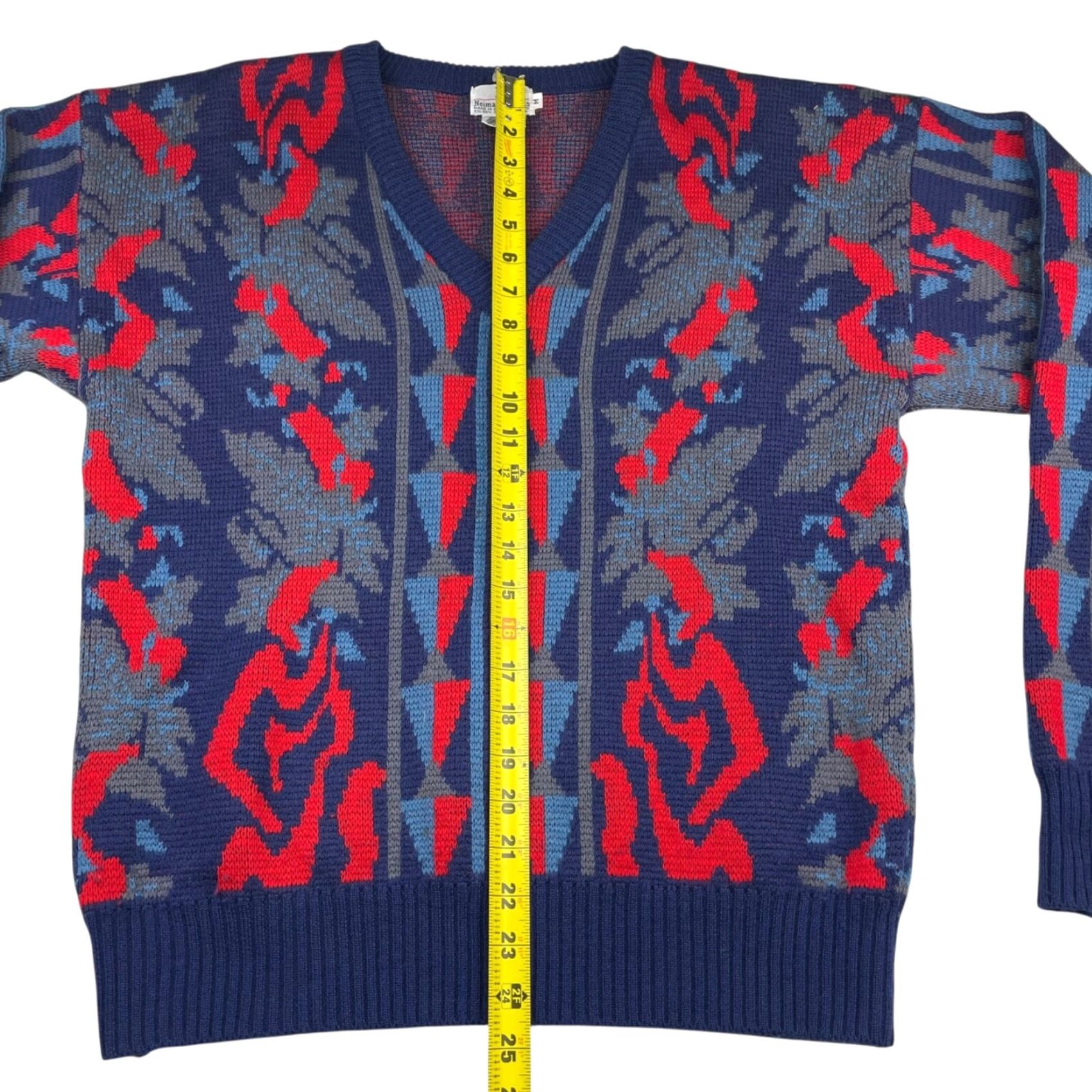 Neiman Marcus VINTAGE Neiman Marcus Men's Sweater Geometric Wool V-Neck Pullover Blue Gray Red Medium Size US M / EU 48-50 / 2 - 4 Thumbnail