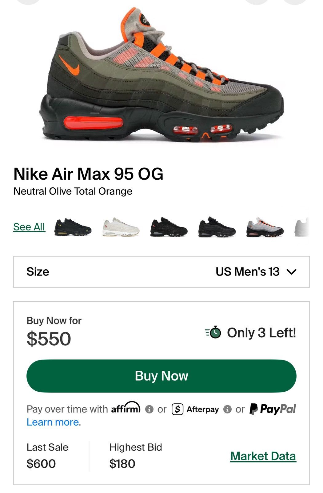 Nike Nike Air Max 95 OG “Neutral Olive Total Orange” Size US 14 / EU 47 - 6 Thumbnail