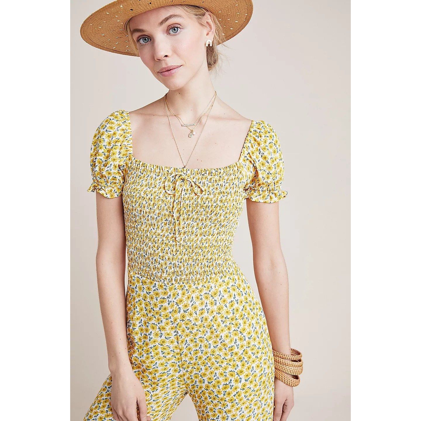FAITHFULL Faithfull the Brand Lazlo Jumpsuit Boho Floral Smocked Puff Size 27" / US 4 / IT 40 - 3 Thumbnail