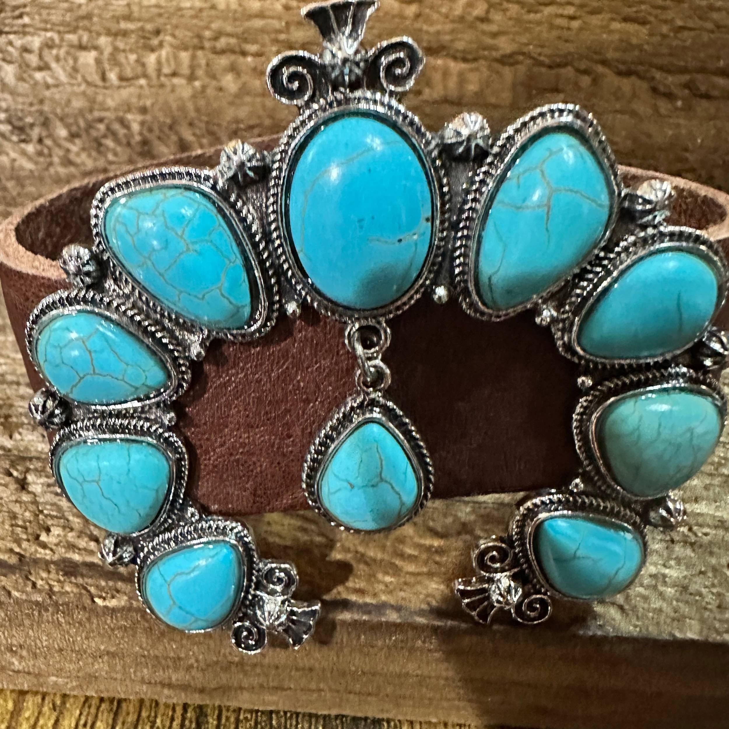 Other Brown Leather Bracelet with Large Blue Turquoise Blossom Des Size ONE SIZE - 6 Thumbnail