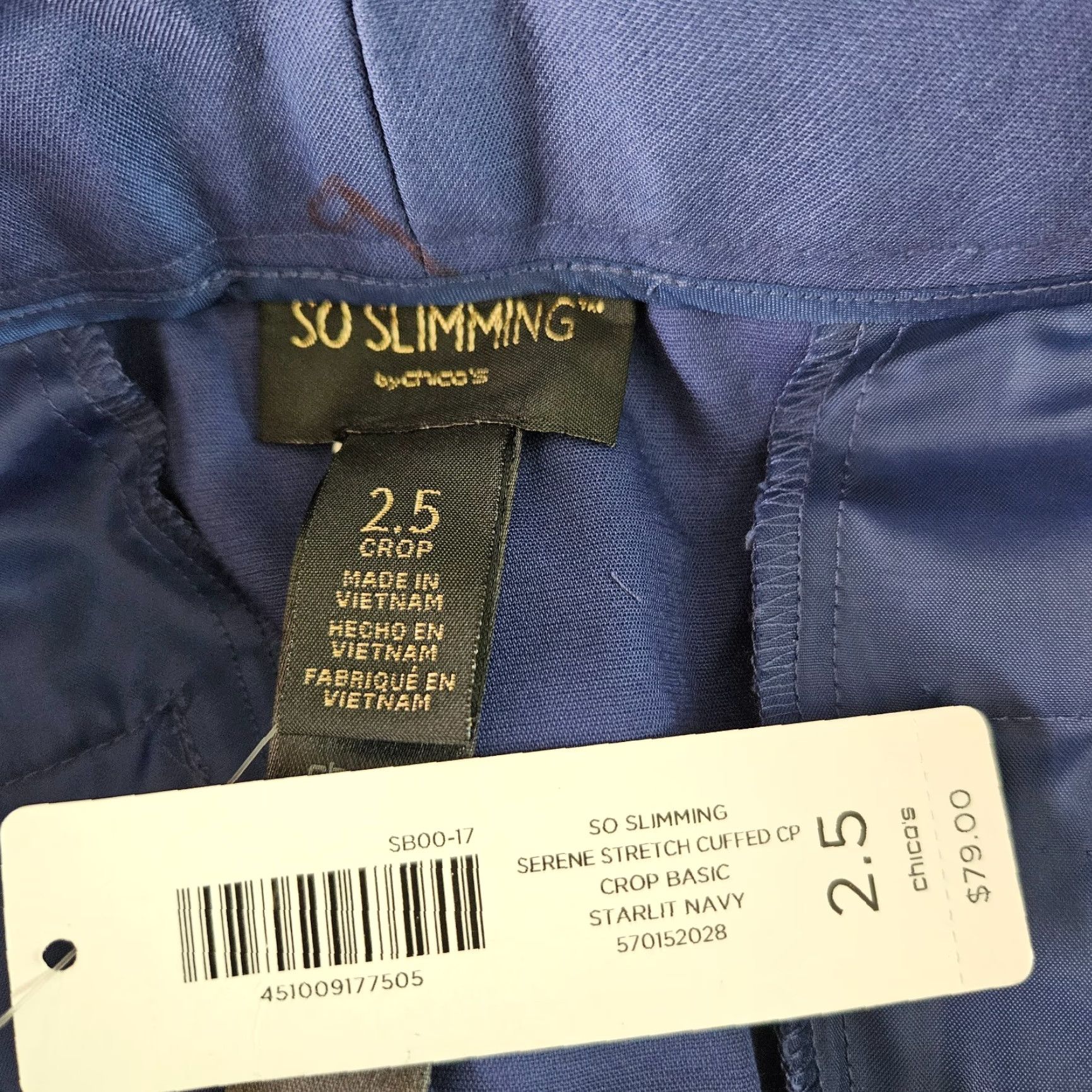 Vintage Chico's Serene Stretch Cuffed Crop Pants 14 Navy Blue Womens Cropped Slimming Stretch Waist 18.5" Inseam 24" Rise 12.5" XS? Size 36" / US 14 / IT 50 - 7 Thumbnail