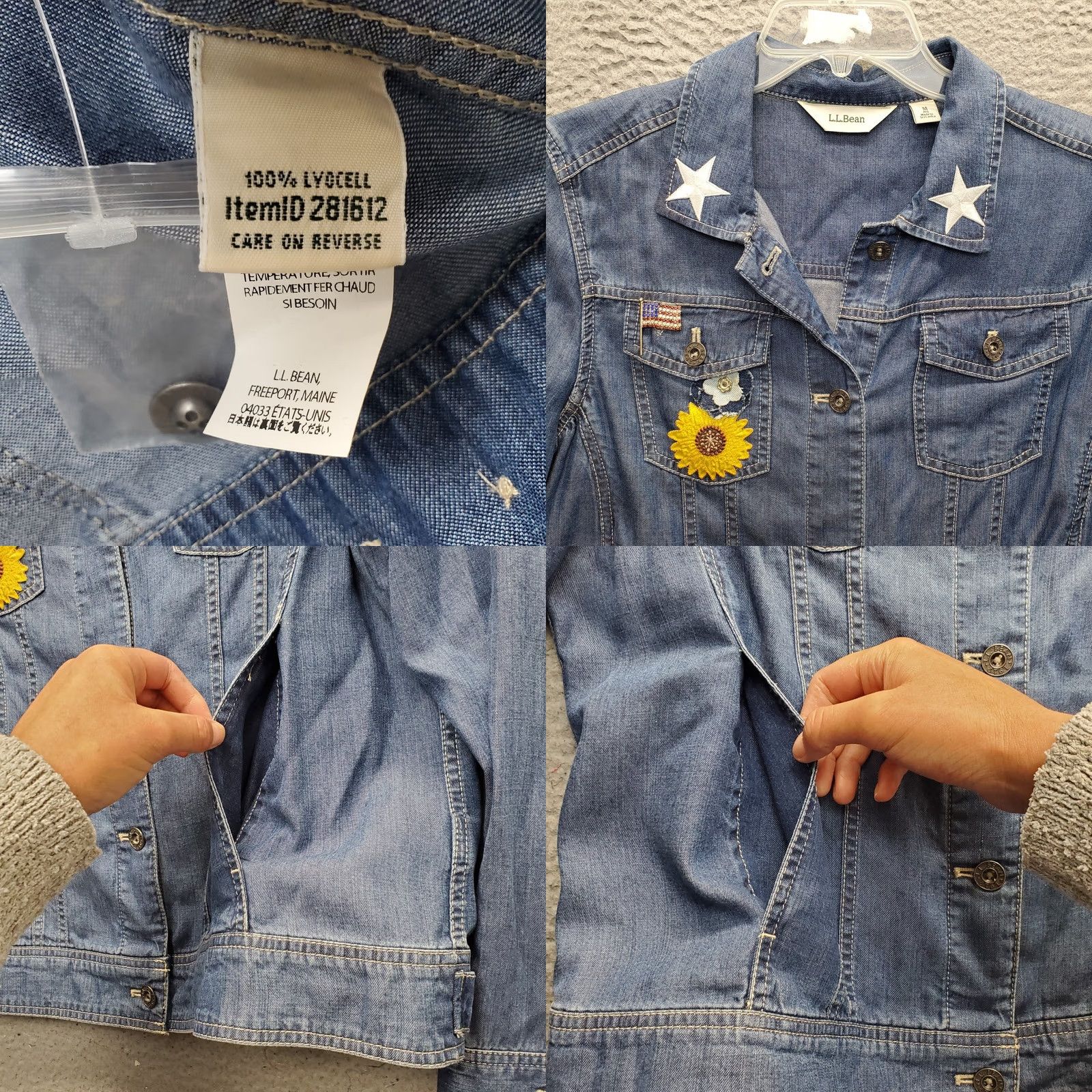 Vintage L.L. Bean Trucker Jacket Women M Blue Denim Stars Sunflower Patches Button Front Size M / US 6-8 / IT 42-44 - 8 Thumbnail