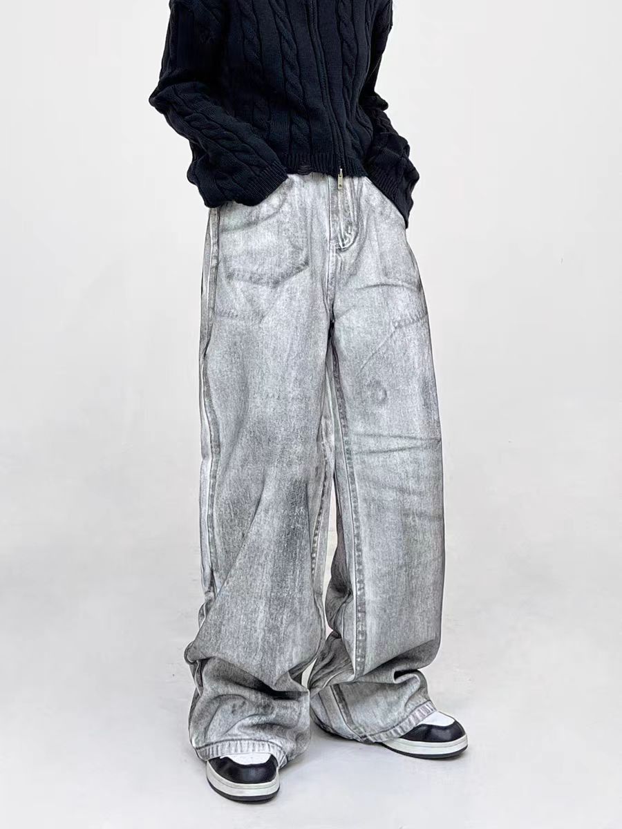 Japanese Brand High street tie-dye washed dirty white baggy jeans | Grailed