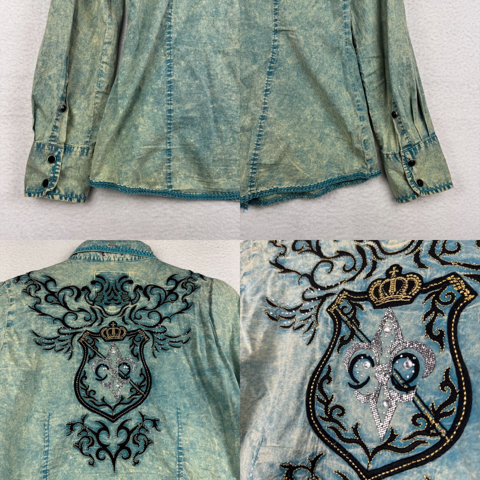 Roar ROAR Womens Medium Overdyed Grunge Rhinestone Embroidered Pearl Snap Shirt Size M / US 6-8 / IT 42-44 - 9 Thumbnail