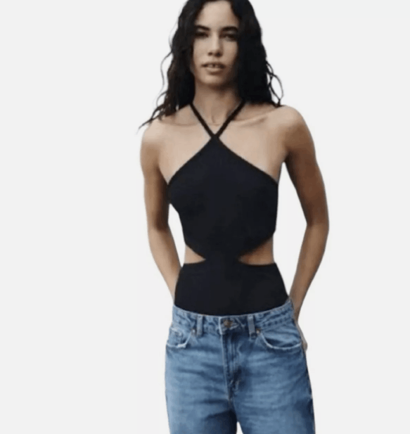 Zara Zara Rib Cutout Y2K Halter Bodysuit Black ( S ) Size S / US 4 / IT 40 - 1 Thumbnail
