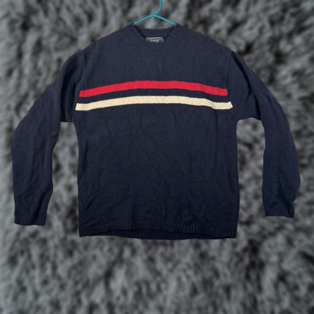 American Eagle Outfitters VINTAGE American Eagle L Striped Wool Sweater Crew Neck Men Pullover 90s Grunge Cabincore Winter Fall Blue Size US L / EU 52-54 / 3 - 1 Thumbnail