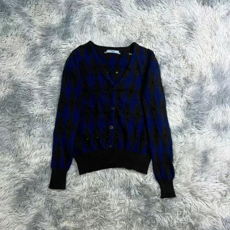 Prada Prada Blue Checkered Knit Cardigan - dmc Size US S / EU 44-46 / 1 - 1 Thumbnail