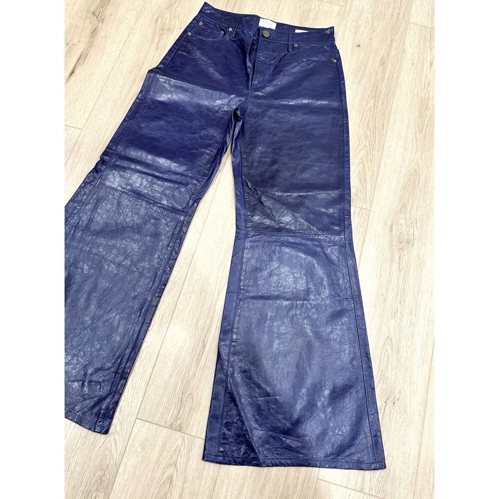 Frame VINTAGE NWT Frame Women's Blue Le Palazzo High-Rise Crinkle Leather Wide-Leg Pants 30 Size 30" / US 8 / IT 44 - 2 Thumbnail