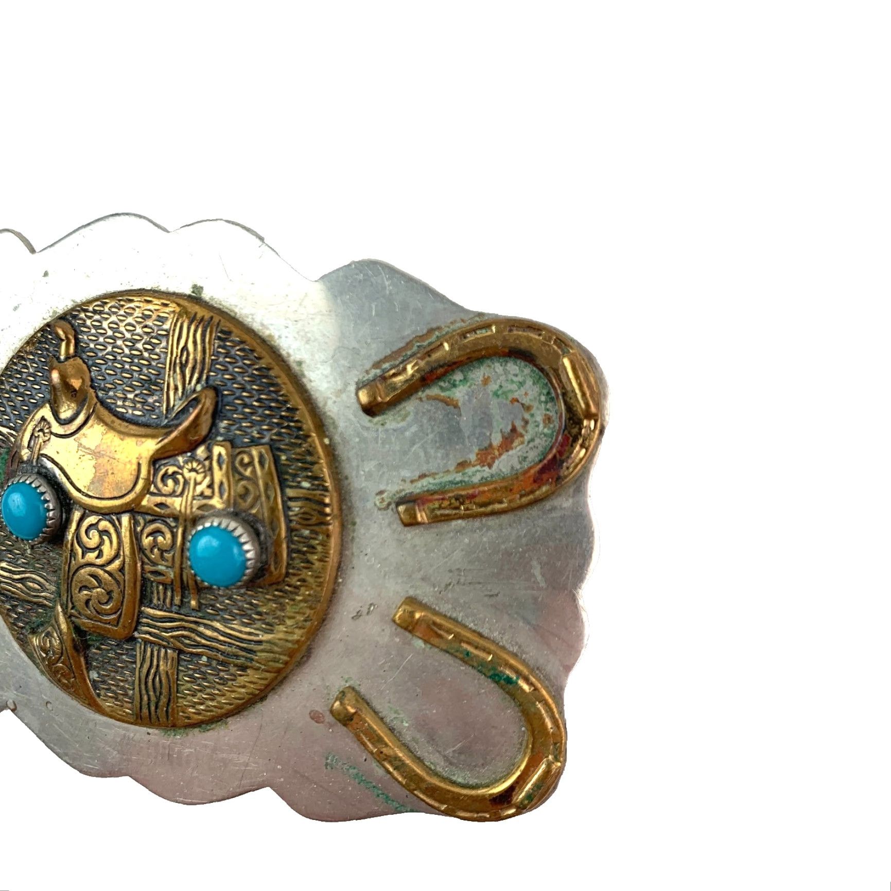 Vintage VINTAGE Nickel Silver Horseshoe Saddle Blue Gem Western Metal Belt Buckle Size ONE SIZE - 2 Thumbnail