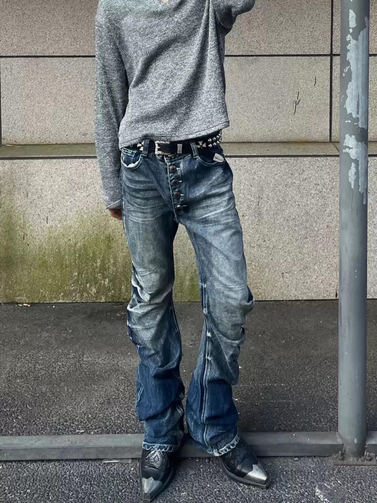Jean Button-Fly Crinkle Curved Banana Denim Jeans Washed Stacked Size US 32 / EU 48 - 4 Thumbnail