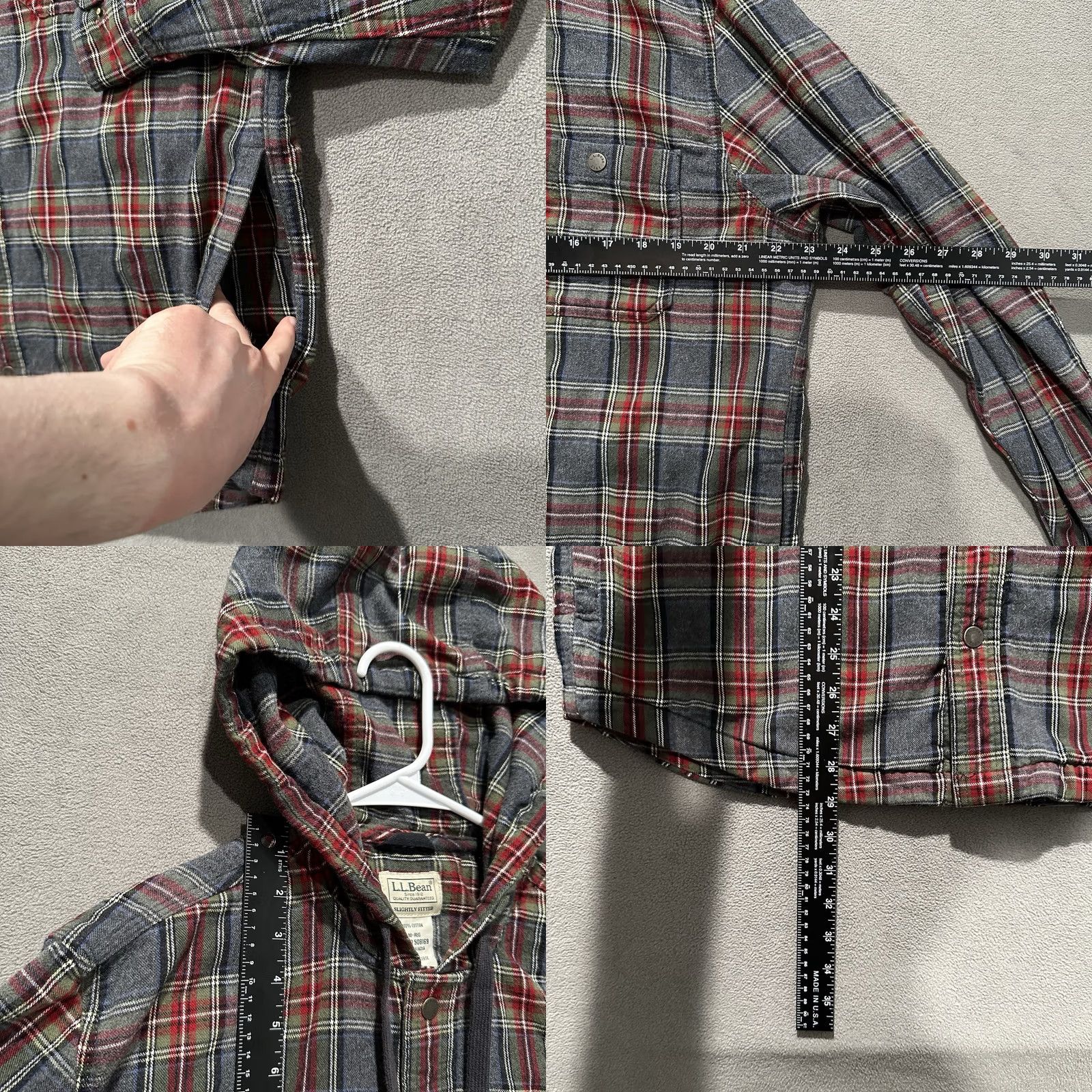 Vintage LL Bean Hooded Flannel Shirt Mens M Gray Red Scotch Plaid Metal Snaps Shacket Size US M / EU 48-50 / 2 - 8 Thumbnail