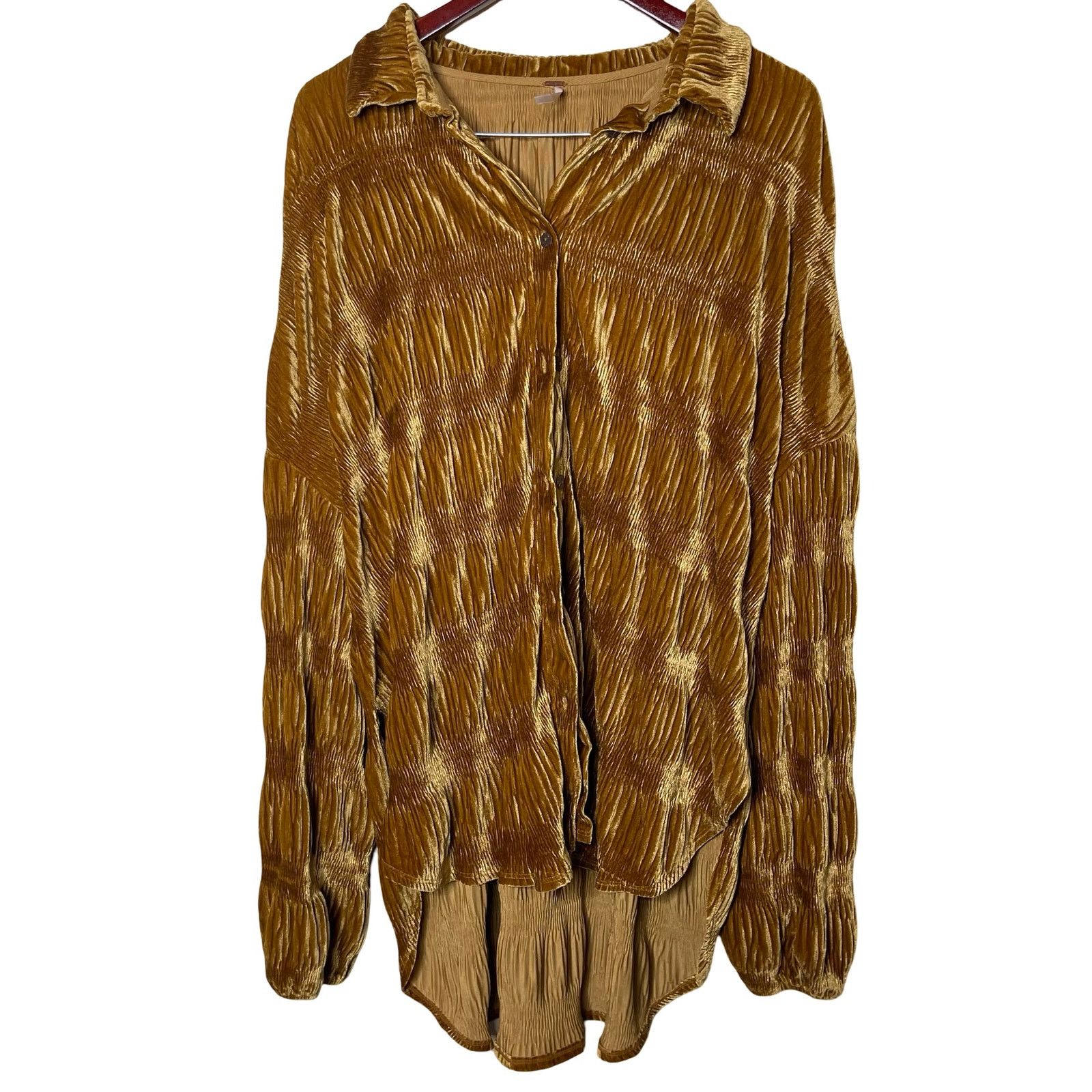 Free People Free People My Best Button-up Top Spiced Ginger Gold Velvet Size L / US 10 / IT 46 - 2 Thumbnail