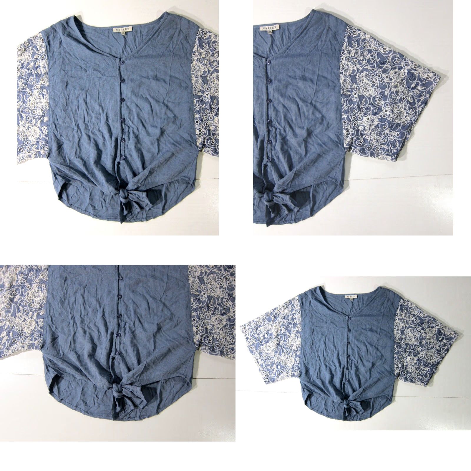 Vintage Harper Blouse XS Cropped 100% Rayon Blue White Embroidered Tie Button Down Women's Shirt Size XS / US 0-2 / IT 36-38 - 8 Thumbnail