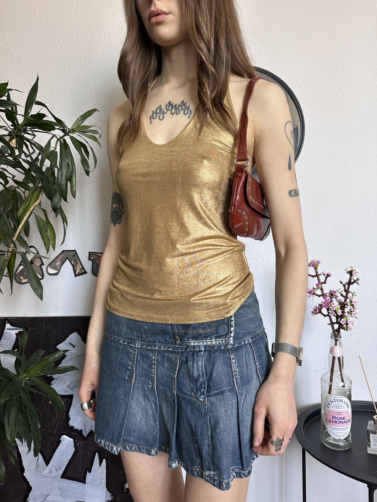 Seditionaries × Vintage Sexy Halter Glitter Gold Knit Y2K Archival Top Size M / US 6-8 / IT 42-44 - 4 Thumbnail