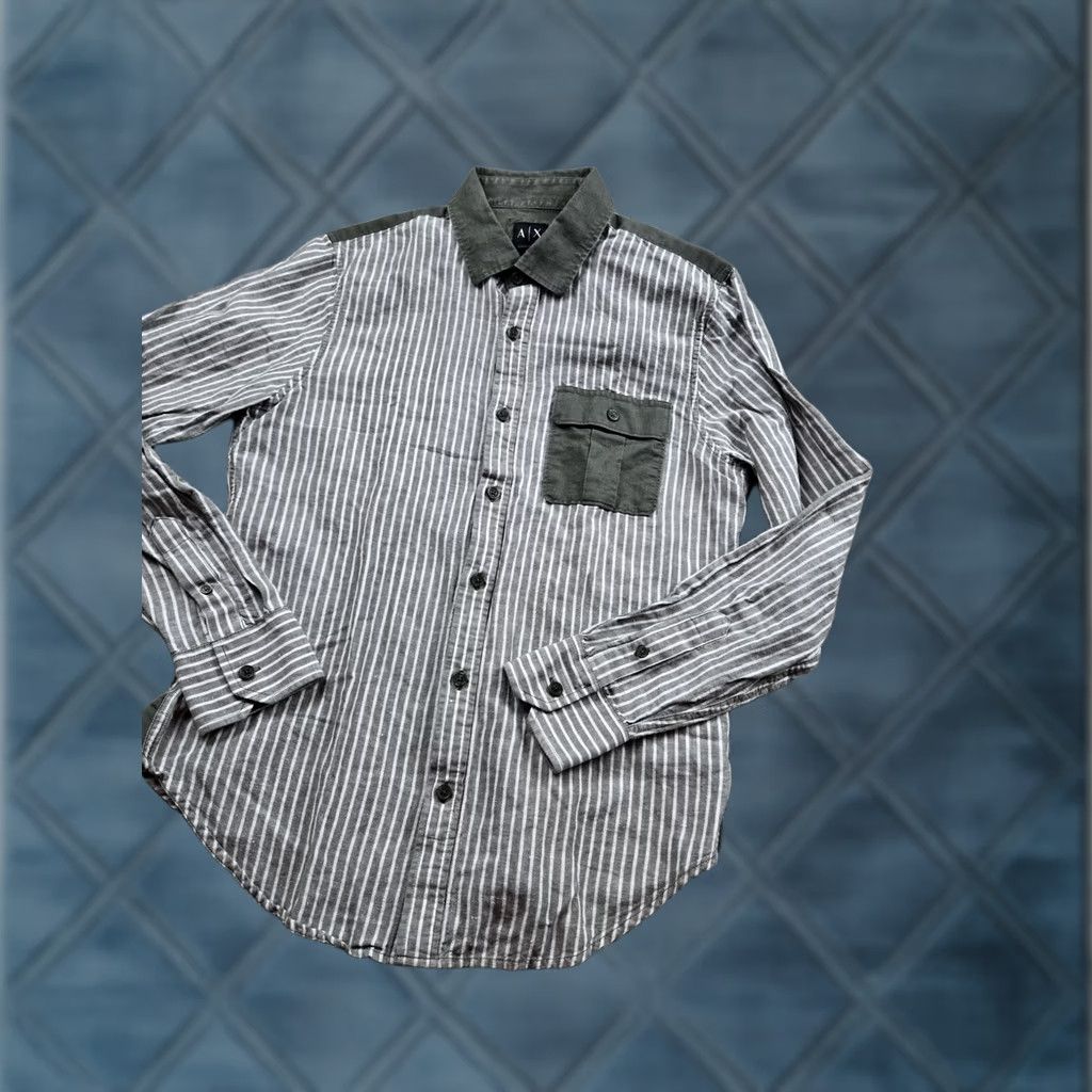 Armani Exchange Armani Exchange Shirt Mens Small Gray Stripe Olive Contrast Slim Linen Cotton Blend Woven Button-Up Long Sleeve Casual Slim Fit Size US S / EU 44-46 / 1 - 1 Thumbnail