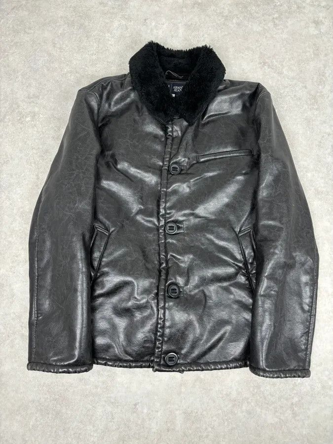 Armani 2000s Armani Black Faux Leather Fur Collar Jacket Size US L / EU 52-54 / 3 - 1 Thumbnail