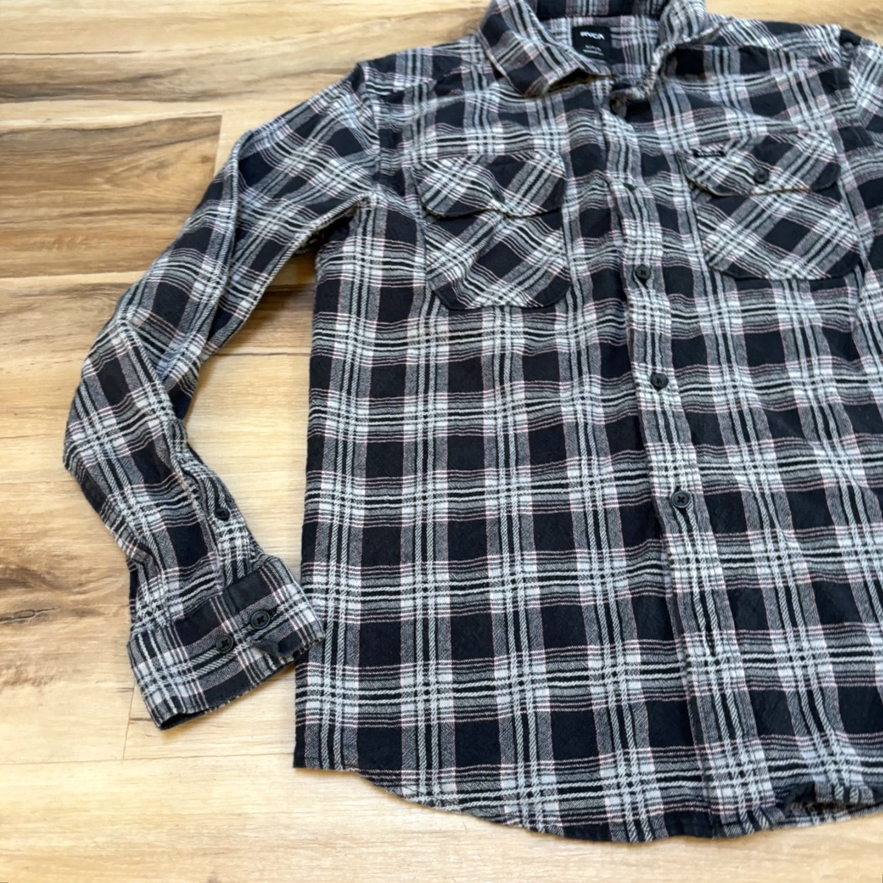 RVCA RVCA Shirt Mens Small S Flannel Plaid Gray Pink Surf Button Up Cotton Size US S / EU 44-46 / 1 - 4 Thumbnail