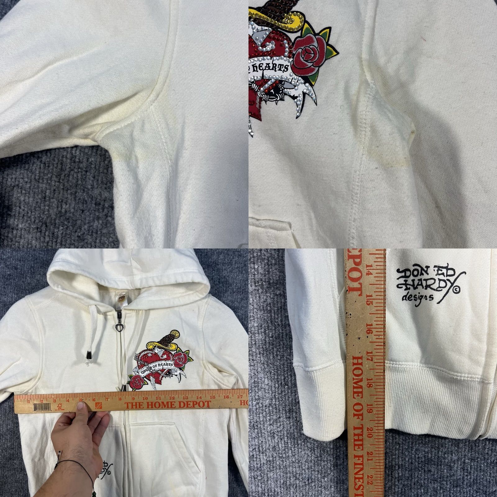 Ed Hardy VINTAGE Ed Hardy Hoodie Womens Medium Zip Hooded Rhinestone Hearts White Cotton Regular Sleeve Long Sleeve Size M / US 6-8 / IT 42-44 - 8 Thumbnail