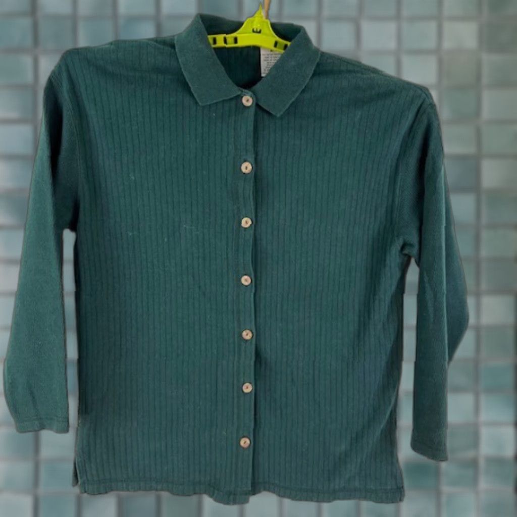Vintage VINTAGE Turkish Cotton Cardigan Sweater Womens M Green Collared Tight Knit Knitwear Cardigan 100% Cotton Womens Cardigan M Green Vintage Size M / US 6-8 / IT 42-44 - 1 Thumbnail
