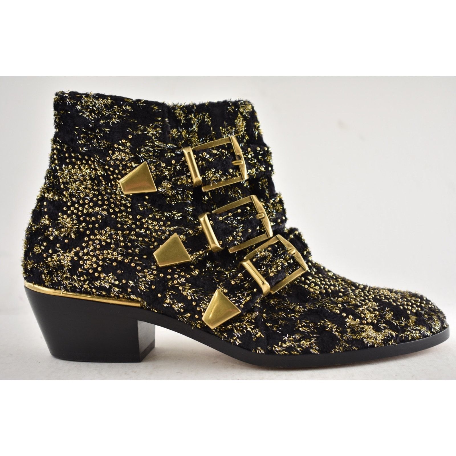 Chloe Chloe Suzanna Black Gold Velvet Studded Ankle Bootie 37 Size US 7 / IT 37 - 2 Thumbnail