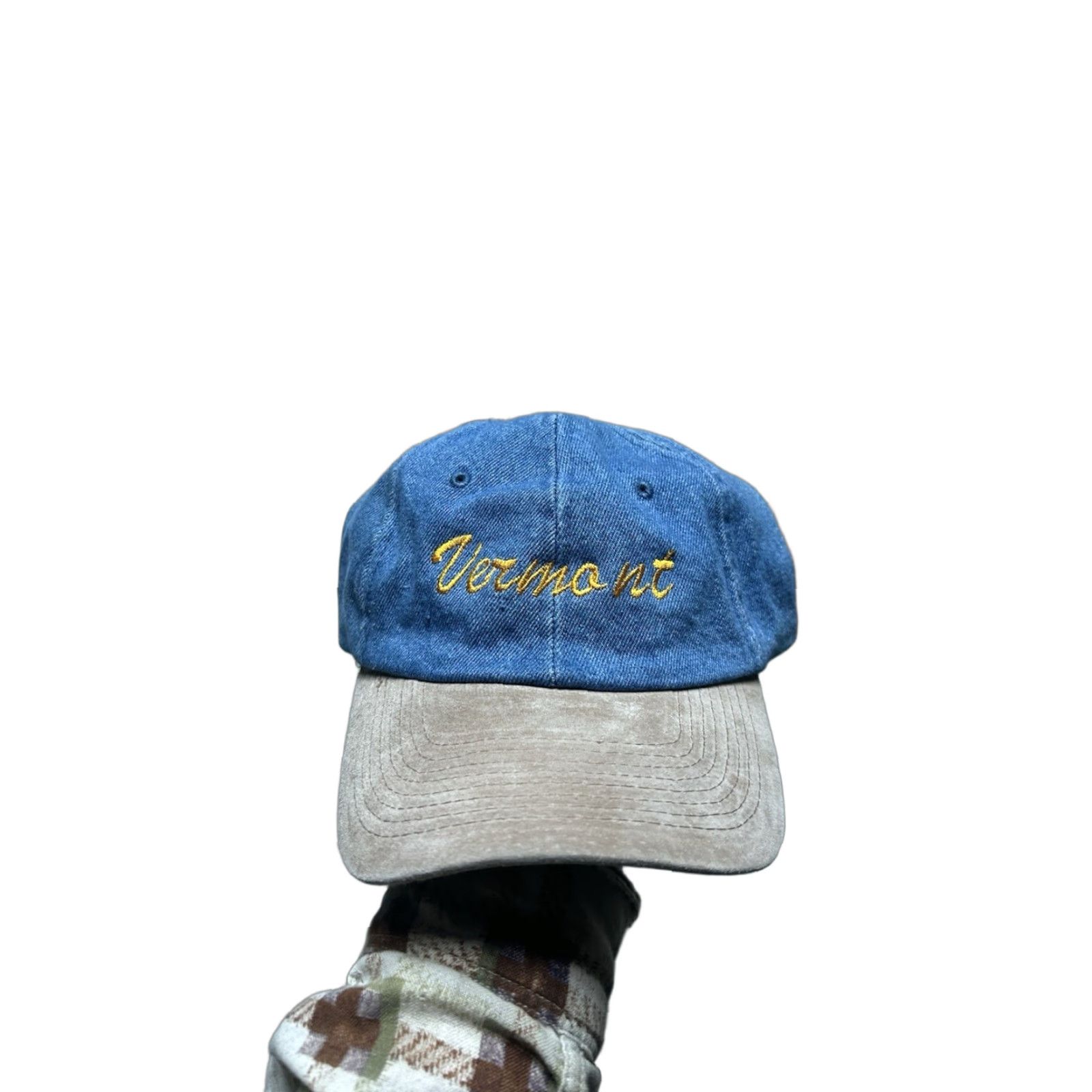 Denime VINTAGE Strapback hat cap Vermont denim embroidered suede bill adjustable Men's Adjustable Blue Denim Suede Vermont Strapback cap Hats Mens Size ONE SIZE - 1 Thumbnail