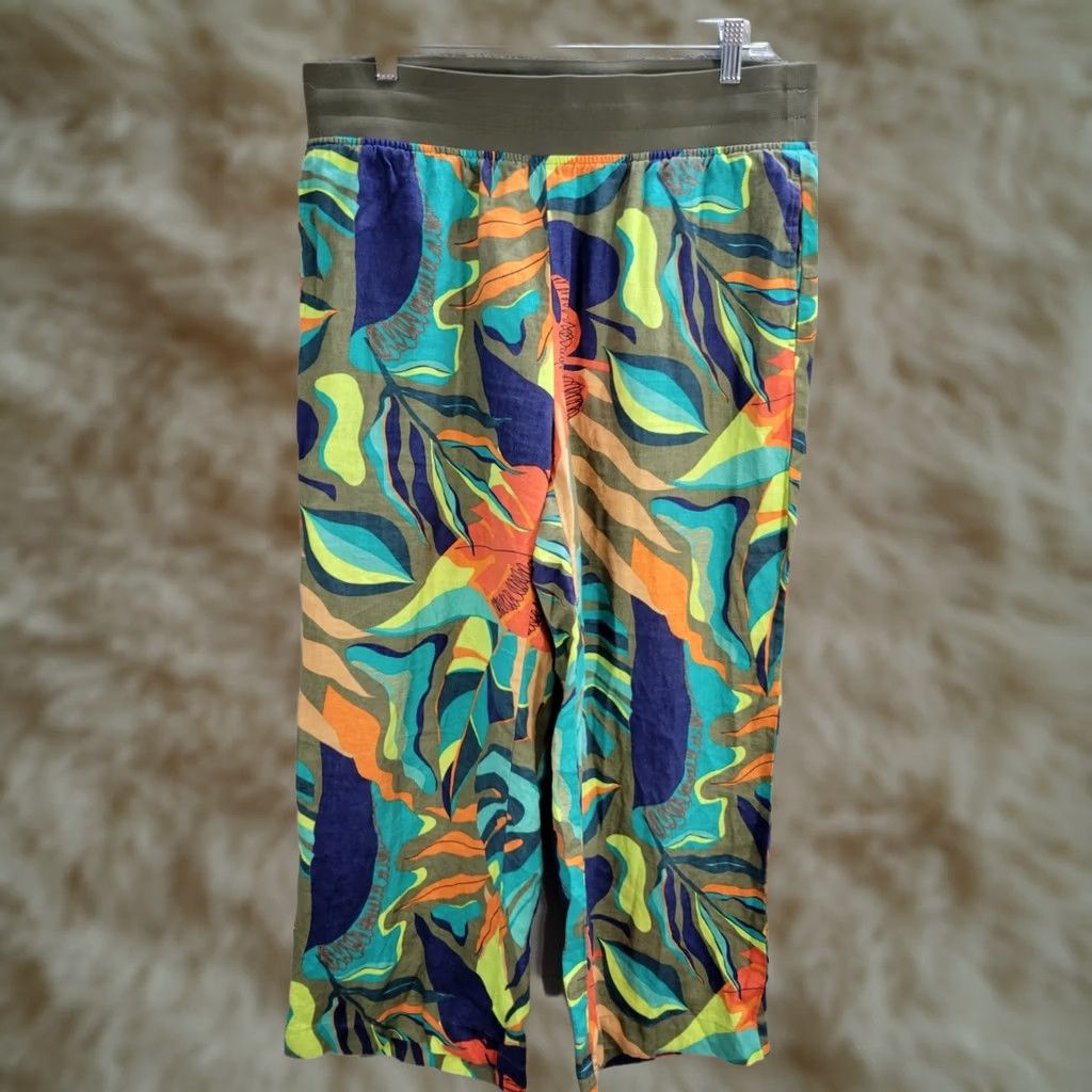 Soft Surroundings Soft Surroundings Linen Green Wide-Leg Pants Pull On PL Petite Leaves Pattern Womens Dress Pants Size 36" / US 14 / IT 50 - 1 Thumbnail